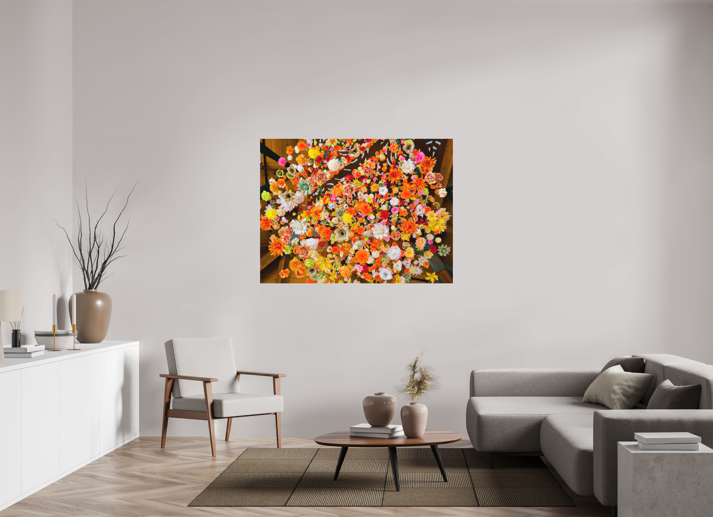 56 x 42″, Photo Print Under Matte Acrylic Raining Flowers