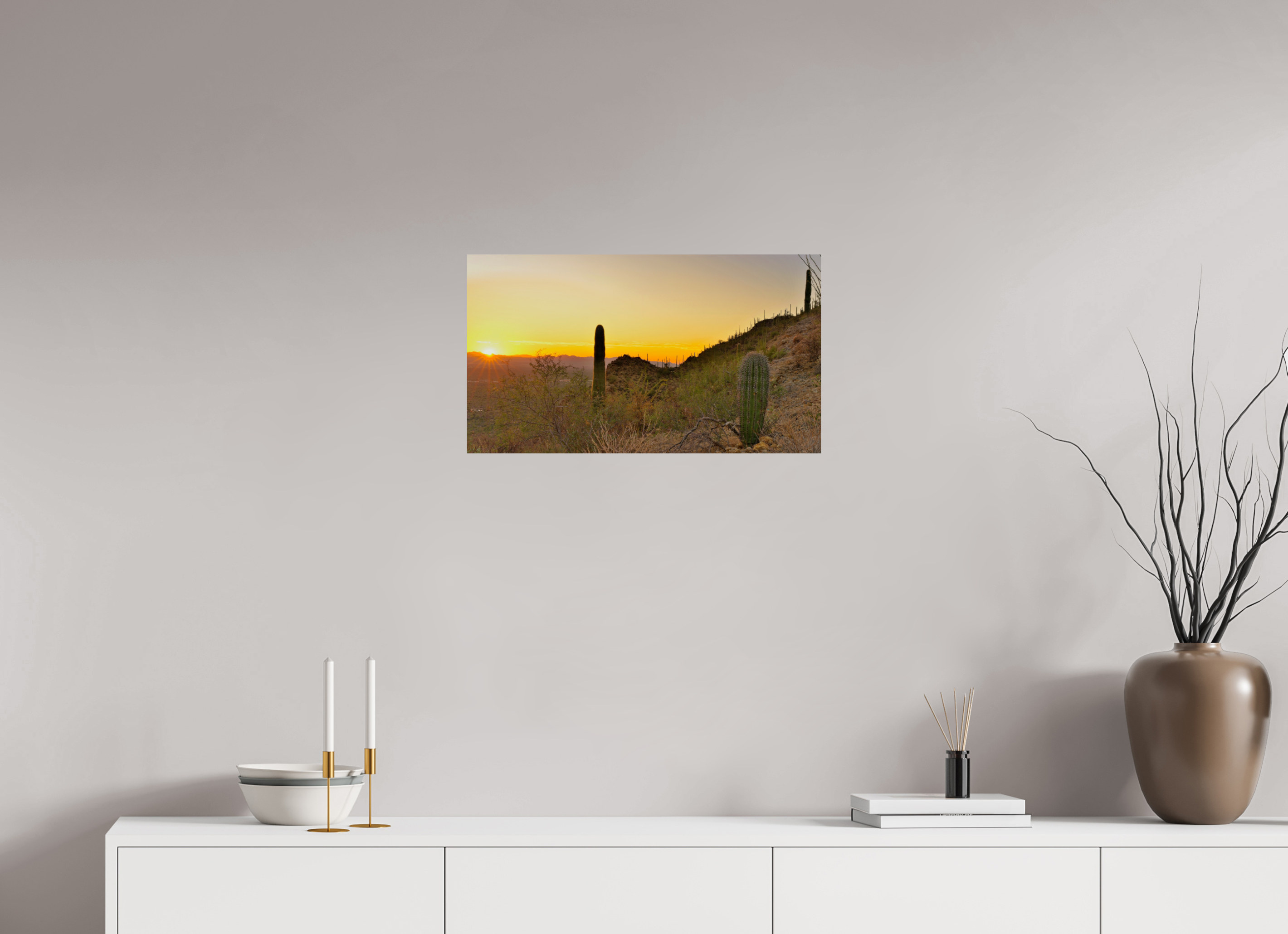 24 x 13.5″, Metalic Photo Print on Fuji Crystal Pearl Saguaro National Park Sunset